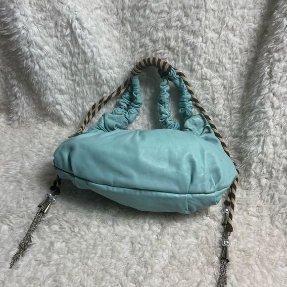 Cromia leather Blue shoulder bag Khaki & brown accent silver tone chain charms - Picture 3 of 16